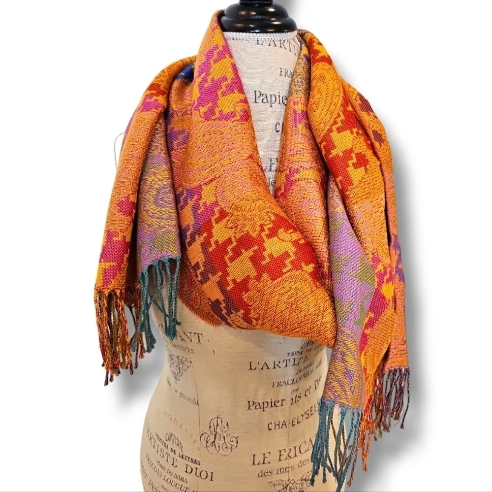 Multicolored Paisley Fringed Scarf Wrap - OS